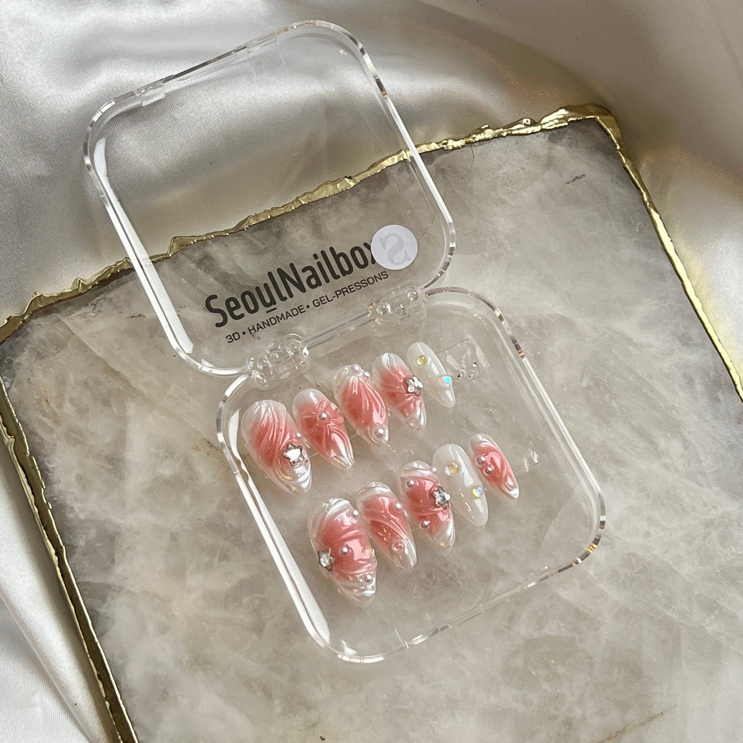 Celestial Blush – 3D Pearl Nails