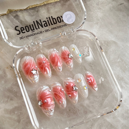 Celestial Blush – 3D Pearl Nails